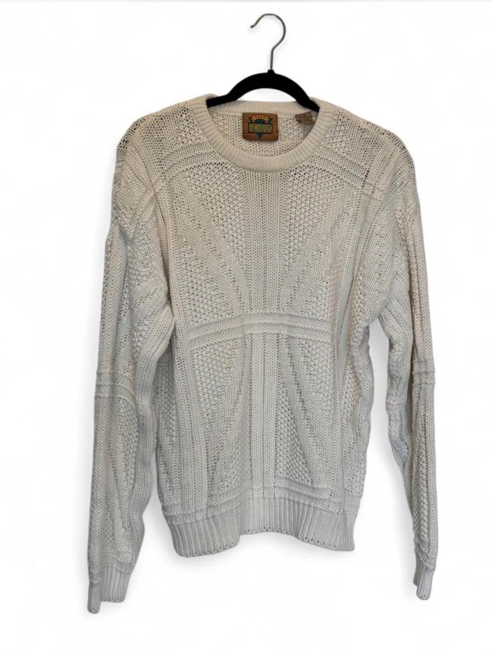 Vintage Chunky Fisherman White Knit Textured Sweater size M Cozy Coastal Grandpa